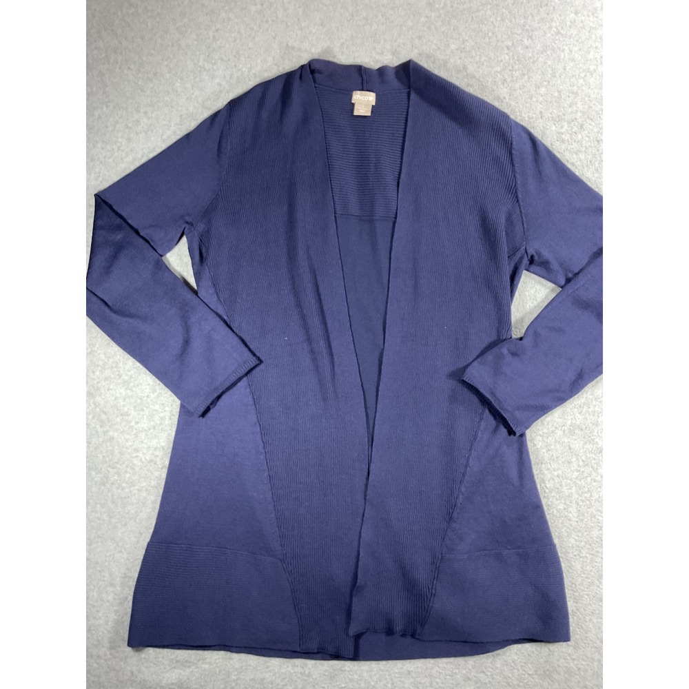 Chicos Navy Blue Open Front Cardigan Ribbed Knit Sweater Womens Size 1 Med 1673